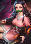 1girl bare_legs black_hair black_kimono breasts demon_slayer female_only female_solo indoors japanese_clothes kamado_nezuko kimetsu_no_yaiba kimono legs long_hair looking_at_viewer medium_breasts multicolored_hair nail_polish neck neoartcore nezuko_kamado orange_hair pink_eyes pink_kimono red_nails sash two-tone_hair two_tone_hair very_long_hair