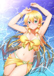 1girl 1girl alluring arms_up big_breasts bikini blonde_hair bow bow_bikini bracelet braid cleavage collarbone from_above green_eyes hair_between_eyes hair_ornament high_res jewelry ken-ji leafa long_hair looking_at_viewer lying multiple_bracelets nail_polish navel on_back parted_lips partially_submerged pointy_ears sarong signature swimsuit sword_art_online thighs twin_braids twitter_username water x_hair_ornament yellow_bikini yellow_nails