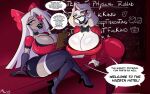 2girls amazon_prime ameizing_lewds big_breasts big_lips bimbo bimbo_body bimbo_lips black_lipstick blonde_hair bow_hairband bowtie bubble_butt chalkboard charlie_morningstar_(hazbin_hotel) choker cleavage clothed female female_only grin hazbin_hotel huge_ass huge_breasts huge_lips large_ass looking_at_viewer no_bra pov red_eyes revealing_clothes rosy_cheeks shiny_skin smiling_at_viewer teasing text text_bubble vaggie_(hazbin_hotel) vivienne_medrano