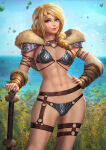 1girl astrid astrid_hofferson blonde_female blonde_hair braid breasts closed_mouth day dreamworks female_only female_solo holding holding_weapon how_to_train_your_dragon lips lipstick long_hair looking_at_viewer makeup medium_breasts neoartcore ocean outside pink_lipstick revealing_clothes sky small_breasts smile standing tomboy viking viking_female weapon