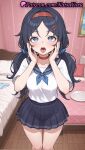 1girl 1girl 1girls 2025 ai ai_generated anime anime_style bangs bed bedroom big_breasts black_hair black_skirt blue_eyes blue_hair blue_neckerchief blue_skirt blush breasts bust choker clothing collarbone crazy_mita_(miside) female_focus female_only hair_ornament hair_scrunchie hairband hairclip hands_on_own_cheeks hands_on_own_face hands_up heart heart-shaped_pupils hentai high_quality high_res high_res high_resolution indoors long_hair looking_at_viewer low_twintails medium_breasts miniskirt miside mita_(miside) natsuyoru neckerchief open_mouth oral_invitation panties patreon pillow plate pleated_skirt red_hairband sailor_collar sailor_uniform school_uniform scrunchie serafuku shirt short_sleeves skirt solo_female stable_diffusion striped striped_clothes striped_panties symbol-shaped_pupils teeth thighs tongue tongue_out twin_tails underwear unworn_panties voluptuous voluptuous_female white_shirt