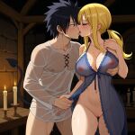 1boy 1girls ai_generated big_breasts black_hair blonde_hair couple demon_tail fairy_tail gray_fullbuster horns lucy_heartfilia sensual sexy succubus thick_thighs