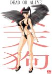 1girl alluring bare_legs big_breasts bikini black_hair black_wings dead_or_alive dead_or_alive_6 dead_or_alive_xtreme_venus_vacation grey_eyes nyotengu one-piece_bikini pin_up sandals sj tecmo wings