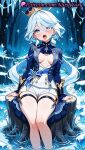 1girl 1girl 1girls 2025 ahegao ahoge ai ai_assisted ai_generated anime anime_style arm_support ascot asian bangs bare_legs big_breasts big_breasts blue_ascot blue_brooch blue_eyes blue_gemstone blue_hair blue_headwear blue_jacket blush breasts breasts_apart bust cameltoe cleavage clothing crown drop-shaped_pupils feet_out_of_frame female_focus female_only female_solo forest furina_(genshin_impact) furina_(genshin_impact)_(cosplay) gem genshin_impact hair_between_eyes hat hentai high_quality high_res high_res high_resolution hoyoverse ice jacket legs light_blue_hair long_hair long_sleeves looking_at_viewer medium_breasts mihoyo mihoyo_technology_(shanghai)_co._ltd. mini_crown mismatched_pupils multi-colored_hair multicolored_hair natsuyoru nature night no_bra non-asian open_clothes open_jacket open_mouth outside patreon rolling_eyes shirt short_shorts shorts sitting snow soaking_feet solo_female stable_diffusion streaked_hair teeth thigh_strap thighs tongue tongue_out top_hat tree tree_stump two-tone_hair vision_(genshin_impact) voluptuous voluptuous_female water white_hair white_shorts