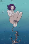 1girl air_bubbles anchor asphyxiation barefoot blush bondage breasts bubbles cambion chained chained_ankles chains covering_mouth darkseether dc_comics demon demon_girl demon_humanoid drowning feet female forehead_jewel grey_skin humanoid nude ocean peril purple_eyes purple_hair rachel_roth raven_(dc) sea short_hair sinking solo superheroine teen_titans underwater underwater_peril warner_brothers water wide_eyed