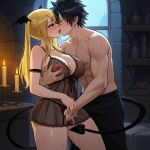 1boy 2_girls ai_generated big_breasts black_hair blonde_hair couple demon_tail fairy_tail gray_fullbuster horns lucy_heartfilia sensual sexy succubus thick_thighs threesome