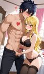 ai_generated black_bra black_hair black_lingerie_panties black_thighhighs blonde_hair curly_hair erection fairy_tail gray_fullbuster handjob hearts huge_breasts imminent_sex long_hair lucy_heartfilia pants penis_out pixai topless_male