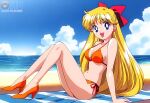 1girl :d accurate_art_style alluring beach bikini bishoujo_senshi_sailor_moon blue_sky cleavage high_heels legs medium_breasts michael_benson minako_aino ocean pin_up