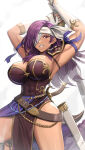 1girl abs absurd_res alluring anniversary arm_ribbon arms_up athletic_female big_breasts blue_ribbon blue_sash bridal_gauntlets dark-skinned_female dark_skin eyepatch female_abs fire_emblem fire_emblem:_shadow_dragon fire_emblem_heroes fit_female gonzarez grin hair_over_one_eye headband high_res long_hair looking_at_viewer malice_(fire_emblem) midriff nintendo pelvic_curtain purple_hair ribbon sash sheath skindentation smile sword sword_behind_back teeth thighs two-handed_sword weapon