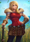 1girl astrid astrid_hofferson blonde_female blonde_hair braid breasts closed_mouth day dreamworks female_only female_solo holding holding_weapon how_to_train_your_dragon lips lipstick long_hair looking_at_viewer makeup medium_breasts neoartcore ocean outside pink_lipstick sky smile standing tomboy viking viking_female weapon