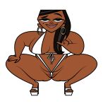 1girl 1girl 1girl 2d 2d_(artwork) accurate_art_style bbw beauty_mark bedroom_eyes big_breasts big_breasts bikini black_body black_hair bush cartoon_network dark-skinned_female dark_skin earrings ebony eyeshadow feet female_only high_heels hoop_earrings jk94 large_thighs leshawna_(tdi) looking_at_viewer micro_bikini mole_(marking) mole_under_eye open_toe_shoes platform_heels posing posing_for_the_viewer squatting total_drama_(series) total_drama_island white_background