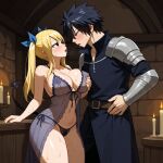 1boy 1girls ai_generated big_breasts black_hair blonde_hair couple demon_tail fairy_tail gray_fullbuster horns lucy_heartfilia sensual sexy succubus thick_thighs