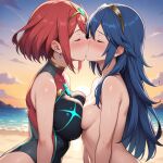 ai_generated beach big_breasts blue_hair blush closed_eyes kissing long_hair lucina lucina_(fire_emblem) multiple_girls nintendo pyra pyra_(pro_swimmer)_(xenoblade) red_hair short_hair small_breasts sunset yuri