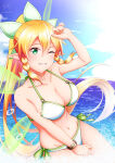 1girl 1girl alluring arm_up bare_shoulders big_breasts bikini blonde_hair blue_sky bracelet braid cleavage cloud collarbone commentary_request cowboy_shot day elf energy_wings fairy fairy_wings green_eyes green_wings grin groin hair_between_eyes high_res jewelry ken-ji leafa long_hair looking_at_viewer multiple_wings navel ocean one_eye_closed outside pointy_ears ponytail side-tie_bikini_bottom sidelocks sky smile standing stomach swimsuit sword_art_online teeth transparent_wings twin_braids very_long_hair water_drop wet white_bikini wings