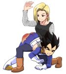 1boy 1girl android_18 ass black_hair blonde_hair butt_crack digital_media_(artwork) discipline domination dragon_ball dragon_ball_z duo exposed_ass female femdom handprint hetero human male male/female malesub medium_hair over_the_knee punishment red_ass smile spanked spanking straight tears top-down_bottom-up torn_clothes torn_pants vegeta