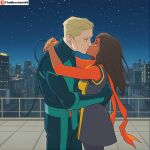 1boy 1boy1girl 1girl 1girl 1girl1boy ai_generated american american_male artist_name blonde_hair blonde_hair_male blue_eyes blue_eyes_male brown_eyes brown_eyes_female brown_hair brown_skin brown_skinned_female building buildings dark-skinned_female discord_(marvel) embrace embracing embracing_each_other interracial joshua_richardson kamala_khan kissing kissing light-skinned_male light_skin lights looking looking_at_another looking_at_partner love male male/female marvel marvel_comics ms._marvel_(kamala_khan) muslim muslim_female night night_sky pakistani pakistani_female railing rooftop scarf starry_sky stars superhero superheroine themerchant69