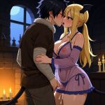 1boy 1girls ai_generated big_breasts black_hair blonde_hair couple demon_tail fairy_tail gray_fullbuster horns lucy_heartfilia pixai purple_lingerie roleplay sensual sexy succubus thick_thighs