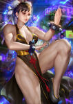 1girl alternate_costume bare_arms bare_legs big_breasts black_dress bracelet breasts brown_hair bun_cover capcom chun-li chun-li_(battle_ouffit_sfv) double_bun dress earrings eyeshadow female_only female_solo fighting_stance hair_bun hand_up jewelry knee_up legs lips lipstick long_dress looking_to_the_side makeup medium_breasts muscle muscular muscular_female neck neoartcore official_alternate_costume outside parted_lips pelvic_curtain pink_lipstick red_eyes red_eyeshadow serious short_hair shorts side_slit sleeveless sleeveless_dress spiked_bracelet spikes standing standing_on_one_leg street_fighter street_fighter_ii street_fighter_iv thick_thighs thighs