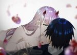 1boy 1girl aqua_eyes ass bangs black_hair blunt_bangs blurry breast_press breasts closed_mouth clothed_male clothed_male_nude_female collarbone completely_nude completely_nude_female couple darling_in_the_franxx depth_of_field duo face-to-face girl_on_top half-closed_eyes hetero hiro_(darling_in_the_franxx) horns incipient_kiss interspecies long_hair looking_at_another love military military_uniform neck nude nude_female oni oni_horns pink_hair raitho raitho_(artist) red_horns romantic romantic_couple short_hair smile stockings straight_hair uniform zero_two_(darling_in_the_franxx)