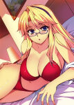 1girl 1girl :o absurd_res alluring arm_support bed big_breasts bikini blonde_hair blue_eyes blush cleavage collarbone female_focus freezing_(series) glasses hairband hand_on_own_hip high_res kim_kwang_hyun long_hair looking_at_viewer navel on_bed red_bikini satellizer_el_bridget semi-rimless_eyewear shiny_skin swimsuit under-rim_eyewear