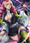 1girl belt big_breasts black_shirt black_skirt braid breasts demon_slayer female_only female_solo gradient gradient_hair green_eyes green_hair green_legwear green_thighhighs grin hashira holding holding_sword holding_weapon kanroji_mitsuri katana kimetsu_no_yaiba legs legwear lips lipstick long_hair long_sleeves looking_at_viewer makeup medium_breasts miniskirt mitsuri_kanroji multicolored_hair neck neoartcore open_clothes open_mouth open_shirt parted_lips pink_hair pink_lipstick pleated_skirt shirt skirt smile stockings sword thighs twin_braids two-tone_hair two_tone_hair uniform weapon white_belt