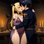 1boy 1girls ai_generated big_breasts black_hair blonde_hair couple demon_tail fairy_tail gray_fullbuster horns lucy_heartfilia sensual sexy succubus thick_thighs