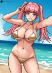 1girl 1girl 1girl 2024 alluring alternate_costume ass_visible_through_thighs beach big_breasts bikini blue_sky blunt_bangs cleavage cloud clouds day daytime female_only fire_emblem fire_emblem:_three_houses gold_bikini gold_swimsuit hayato_stuff high_res hilda_valentine_goneril long_hair looking_at_viewer midriff navel nintendo ocean outside peace_sign pink_eyes pink_hair sand shiny_breasts shiny_skin smile summer swimsuit thighs twin_braids twin_tails v yellow_bikini yellow_swimsuit