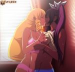 2girls against_wall arms bare_arms bare_shoulders big_breasts blonde_hair blue_panties breast_grab breasts cleavage closed_eyes dark-skinned_female female_only high_res human human_only interracial kissing long_hair love multiple_females multiple_girls mutual_yuri neck pink_panties purple_hair standing sweat tank_top twin_tails vaygren window yuri