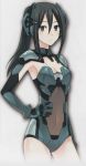 1girl :( artist_request black_eyes black_hair bodysuit breasts cleavage cleavage_cutout date_a_live hair_between_eyes headgear kusakabe_ryouko leotard long_hair mecha_musume medium_breasts ponytail revealing_clothes ryouko_kusakabe serious