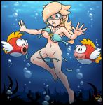  1girl alluring amuzoreh assisted_exposure bikini blushing cheep_cheep female human mario_(series) nintendo ocean princess_rosalina super_mario_galaxy swimming swimsuit torn_clothes underwater wardrobe_malfunction 