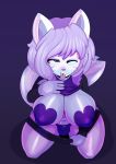 1girl absurd_res anthro big_breasts blue_eyes breasts bulge canine clothed clothing clothing_lift dickgirl fox front_view fur furry hair high-angle_view high_res intersex looking_at_viewer looking_up mammal multicolored_fur navel nipple_bulge one_eye_closed panties pants_pull pasties purple_fur purple_hair purple_nose purple_tail purple_tongue rubber_(gabesqueaky) shirt shirt_lift sitting slightly_chubby somescrub striped_fur stripes tongue tongue_out underwear white_fur wide_hips wink