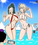 2_girls 2girls 3boys age_difference beach bikini blonde_hair blue_sky breast_press breasts brown_eyes bursting_breasts cellphone cleavage embarrassed erect_nipples erect_nipples_under_clothes female_focus green_eyes green_hair hand_on_another's_hip highleg_swimsuit holding_camera huge_breasts inko_midoriya izuku_midoriya katsuki_bakugo light_skin long_hair looking_at_another looking_down milf mineta_minoru mitsuki_bakugo multiple_girls my_hero_academia noriyuki83 noriyuki_works outside pale_skin red_bikini revealing_clothes short_hair side-tie_bikini sling_bikini smartphone taking_picture v white_bikini