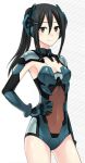 1girl :) art artist_request black_eyes black_hair bodysuit breasts cleavage cleavage_cutout closed_mouth date_a_live hair_between_eyes headgear kusakabe_ryouko leotard long_hair mecha_musume medium_breasts ponytail revealing_clothes ryouko_kusakabe smile