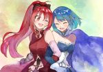  2girls art blue_hair breasts kanimiso_(user_cnb0218) kyouko_sakura long_hair love magical_girl mahou_shoujo_madoka_magica miki_sayaka multiple_girls mutual_yuri ponytail red_hair sakura_kyouko sayaka_miki short_hair small_breasts yuri 