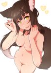 1girl 1girl animal_ears breasts brown_hair coffeechicken completely_nude cute_fang heart high_resolution long_hair looking_at_viewer navel nipples nude original simple_background smile tail viewed_from_above white_background yellow_eyes