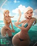 anna_(frozen) bikini bikini_bottom bikini_top blonde_hair choker clothed disney elsa frozen_(movie) kittypuddin_(artist) outside pigtails ponytail sisters splashing water