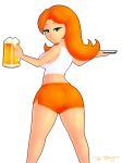 ass beer beverage big_ass big_breasts breasts female food hooters looking_at_viewer looking_back mona mona_(warioware) nintendo pizza redbenjamin solo warioware