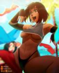 1girl avatar:_the_last_airbender blue_eyes clothed crop_top kittypuddin korra open_mouth outside panties short_hair short_top smile the_legend_of_korra underboob