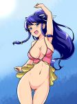  1girl areola areola_slip arm_up blue_hair bottomless breasts erect_nipples fire_emblem fire_emblem:_seima_no_kouseki fire_emblem_heroes memetsu_(umvn4442) navel nintendo pussy smile swimsuit tana 