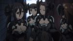 4girls anime black_eyes black_hair bodysuit breasts cleavage cleavage_cutout date_a_live hair_between_eyes headgear kusakabe_ryouko long_hair mecha_musume medium_breasts multiple_girls ponytail revealing_clothes ryouko_kusakabe serious