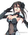 1girl big_breasts black_eyes black_hair bodysuit breasts cleavage cleavage_cutout date_a_live hair_between_eyes headgear hibiki_mio hibiki_mio_(artist) kusakabe_ryouko long_hair mecha_musume open_mouth ponytail revealing_clothes round_teeth ryouko_kusakabe serious teeth