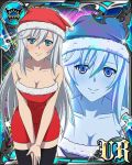  1girl abre_shoulders arm arms bare_arms black_legwear blue_eyes blush breasts christmas cleavage closed_mouth collarbone dress hat la_folia_rihavein long_hair looking_at_viewer red_dress santa_costume santa_hat short_dress silver_hair smile stockings strapless strapless_dress strike_the_blood tube_dress v_arms zoom_layer 