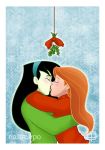  2_girls 2girls black_hair blush callmepo closed_eyes disney female female_only green_sweater hairband hugging human human_only kim_possible kimberly_ann_possible kissing long_hair mistletoe multiple_females multiple_girls mutual_yuri orange_hair pinupsushi red_sweater redhead shego sweater yuri 