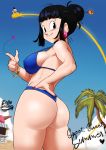 1boy 1girl ass big_ass big_breasts bikini black_eyes black_hair blue_bikini breasts chichi dragon_ball dragon_ball_z echosaber goku heart large_breasts milf red_nail_polish red_nails short_hair swimsuit thick_ass thick_thighs thighs wide_hips