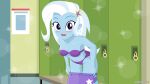 1girl blush bow bow_panties bra caught dressing embarrassed equestria_girls hair_ornament jakepixels locker locker_room lockers looking_at_viewer my_little_pony panties purple_bra purple_panties solo solo_female star_hair_ornament trixie_(mlp) underwear white_hair