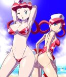 2girls ass big_ass big_breasts bikini breasts cleavage female gblastman joy_(pokemon) looking_at_viewer looking_back micro_bikini micro_swinsuit mini_bikini nurse_joy one-piece_swimsuit pink_hair pokemon selfcest swimsuit wink yuri