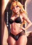  1girl ai_generated black_bra black_panties black_underwear blonde_hair bra breasts cheeky_panties erogeknight34 female female_only human illumination_entertainment mario_(series) nai_diffusion navel nintendo panties princess_peach solo stable_diffusion super_mario_bros._(2023_film) underwear universal_studios 