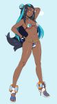 1_girl 1girl adapted_costume alluring bikini blue_eyes blush dark-skinned_female dark_skin earrings female female_abs female_human female_only full_body gym_leader hair_bun head_tilt high_heels hoop_earrings human long_hair looking_at_viewer medium_breasts necklace nessa_(pokemon) nintendo orangekissess pokemon pokemon_ss rurina_(pokemon) standing swimsuit