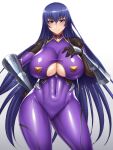  1boy 1girl 5ht akiyama_rinko big_breasts bodysuit breasts cleavage cleavage_cutout clothed_female clothing_cutout female_focus fishnets mature mature_female purple_bodysuit purple_eyes solo_female tagme taimanin_(series) taimanin_battle_suit taimanin_yukikaze tight 