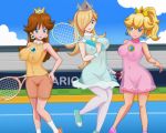 3girls alluring areola big_breasts blonde_hair blue_eyes breasts brown_hair crown female_only hair_over_one_eye large_breasts looking_at_viewer mario_tennis_aces multiple_girls nipples princes_rosalina princess_daisy princess_peach pubic_hair rosalina see-through shablagooo super_mario_bros.